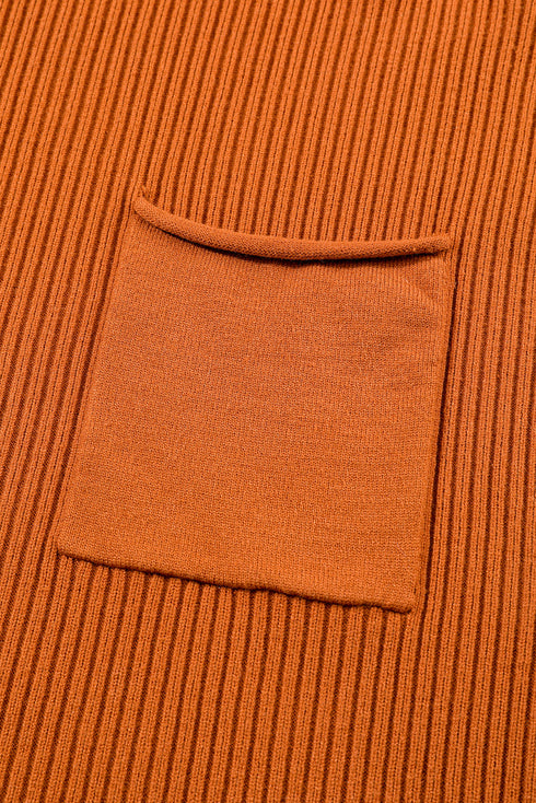 Ribbed Mock Neck Patch Pocket Drop Shoulder Short Sleeve Sweater